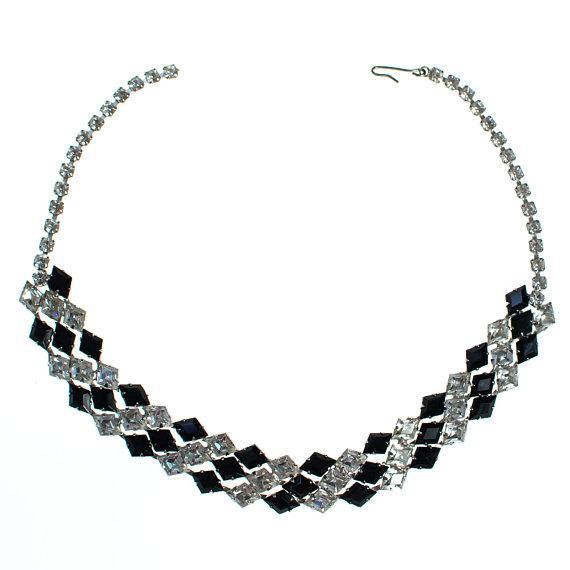 Vintage 1950s Black and Clear Rhinestone Vintage Necklace, Choker Necklace, Diamond Shaped Rhinestones, Geometric Design