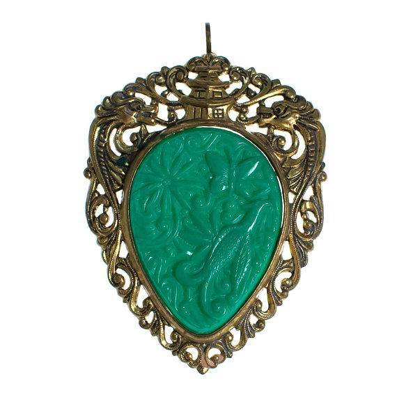 Vintage 1940s Gold Gilt Filigree Asian Influence Brooch Pendant with Faux Jade Carved Floral Relief by 1940s - Vintage Meet Modern Vintage Jewelry - Chicago, Illinois - #oldhollywoodglamour #vintagemeetmodern #designervintage #jewelrybox #antiquejewelry #vintagejewelry
