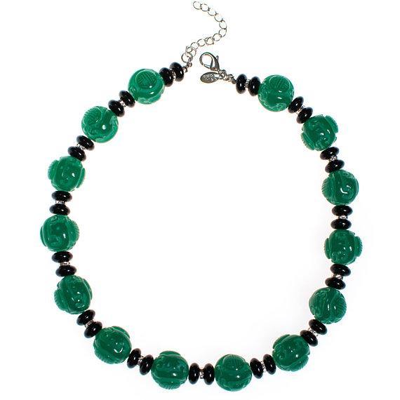 Vintage Kenneth Jay Lane Carved Jade Bead, Black Onyx Bead and Rhinestone Necklace
