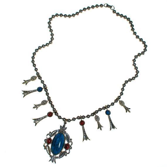 Vintage ART Mode Turquoise and Coral Squash Blossom Necklace