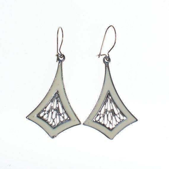 Vintage Enamel and Silver Filigree Drop Earrings, Pierced, Dangling, Drop