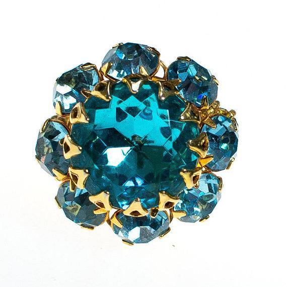 Vintage 1960's Blue Crystal Cocktail Ring, Adjustable Band