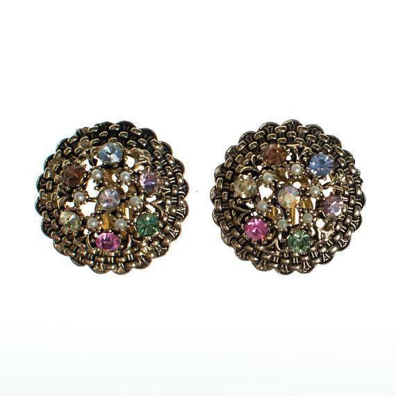 Vintage Pastel Rhinestone, Faux Pearl, Statement Earrings, Antique Gold Tone, Clip Back