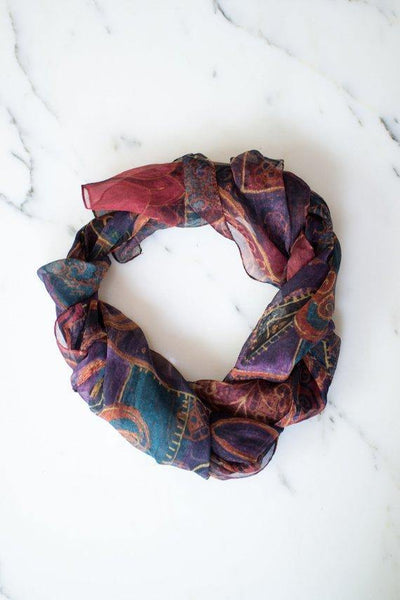 Vintage Casual Corner Purple Flower Scarf with Purple, Green, and Red Swirls, Gold Accents, Sheer Scarf Made in Italy by 1980s - Vintage Meet Modern Vintage Jewelry - Chicago, Illinois - #oldhollywoodglamour #vintagemeetmodern #designervintage #jewelrybox #antiquejewelry #vintagejewelry
