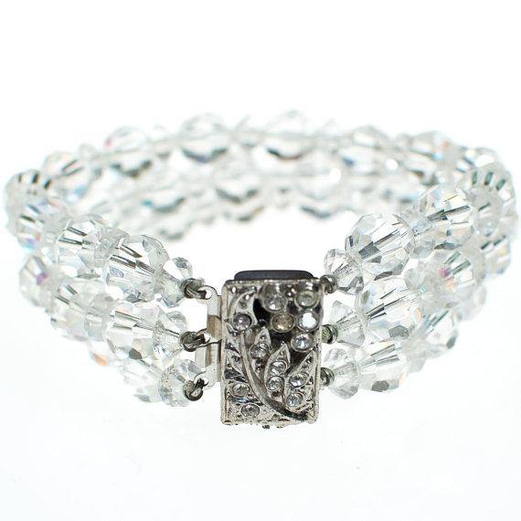 Vintage Triple Strand Faceted Crystal Beaded Bracelet with Silver Paste Rhinestone Clasp
