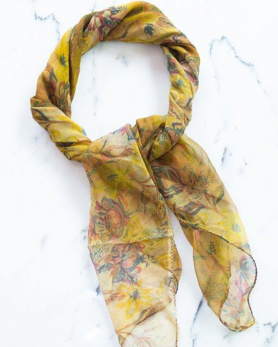Sheer Floral Scarf Gold with Blue, Red, and Earth Tone Flowers by Sheer Floral - Vintage Meet Modern Vintage Jewelry - Chicago, Illinois - #oldhollywoodglamour #vintagemeetmodern #designervintage #jewelrybox #antiquejewelry #vintagejewelry