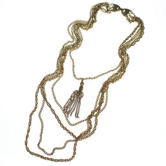 Gold tone multi chain necklace with center tassel pendant by 1960s - Vintage Meet Modern Vintage Jewelry - Chicago, Illinois - #oldhollywoodglamour #vintagemeetmodern #designervintage #jewelrybox #antiquejewelry #vintagejewelry