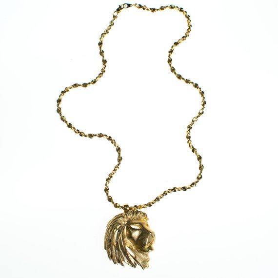 Vintage Gold Lion Pendant Statement Necklace by 1970s - Vintage Meet Modern Vintage Jewelry - Chicago, Illinois - #oldhollywoodglamour #vintagemeetmodern #designervintage #jewelrybox #antiquejewelry #vintagejewelry
