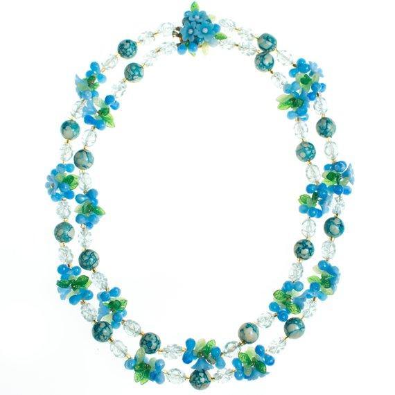 Vintage 1950s Blue and White Crystal Bubble Bead Necklace with Flowers by 1950s - Vintage Meet Modern Vintage Jewelry - Chicago, Illinois - #oldhollywoodglamour #vintagemeetmodern #designervintage #jewelrybox #antiquejewelry #vintagejewelry