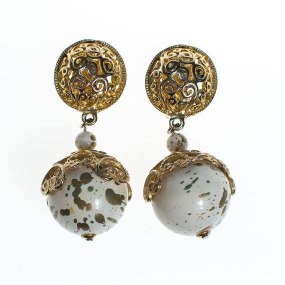 Vintage 1980s White and Gold Speckled Bead Drop Statement Earrings, Clip On by 1980s - Vintage Meet Modern Vintage Jewelry - Chicago, Illinois - #oldhollywoodglamour #vintagemeetmodern #designervintage #jewelrybox #antiquejewelry #vintagejewelry