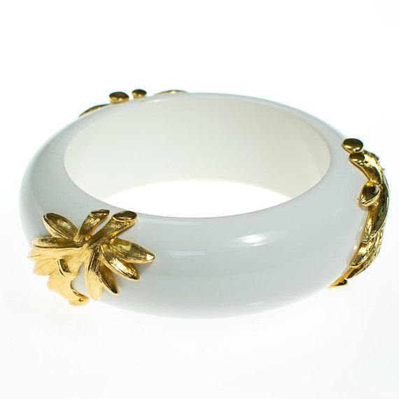 Vintage Monet White Bangle Bracelet with Gold Leaves
