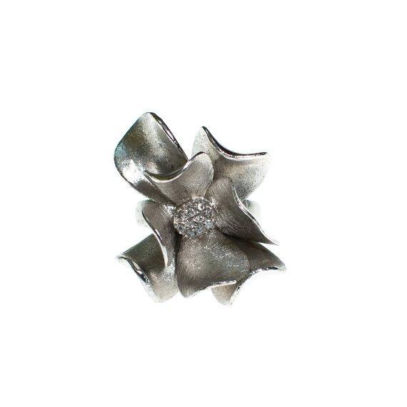 Vintage Silver Flower Statement Ring, Clear Rhinestone Center, Large Silver Flower