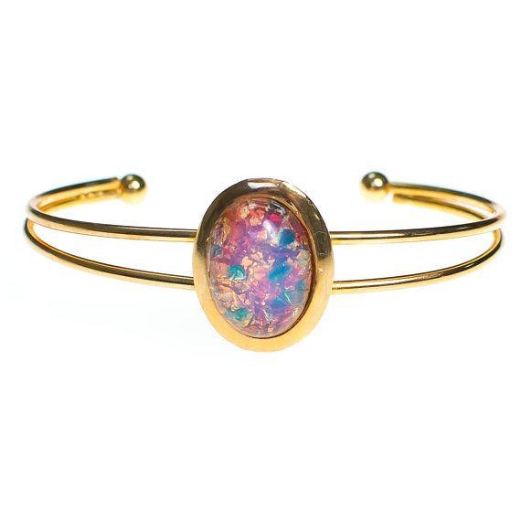 Vintage Gold Czech Opal Glass Cuff Bracelet Adjustable Harlequin Glass Fire Opal by 1960s - Vintage Meet Modern Vintage Jewelry - Chicago, Illinois - #oldhollywoodglamour #vintagemeetmodern #designervintage #jewelrybox #antiquejewelry #vintagejewelry