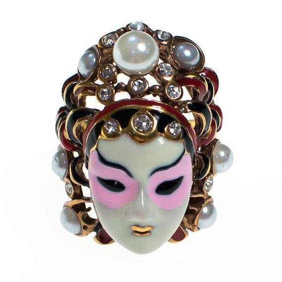 Vintage Asian Goddess Princess Mask Ring with Rhinestones and Pearls by 1990s - Vintage Meet Modern Vintage Jewelry - Chicago, Illinois - #oldhollywoodglamour #vintagemeetmodern #designervintage #jewelrybox #antiquejewelry #vintagejewelry