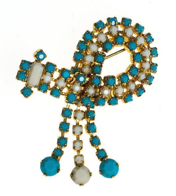Vintage Milk Glass and Turquoise Rhinestone Brooch with Tassels by 1960s - Vintage Meet Modern Vintage Jewelry - Chicago, Illinois - #oldhollywoodglamour #vintagemeetmodern #designervintage #jewelrybox #antiquejewelry #vintagejewelry