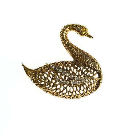 Vintage Gold Swan Brooch with Rhinestones by 1960s - Vintage Meet Modern Vintage Jewelry - Chicago, Illinois - #oldhollywoodglamour #vintagemeetmodern #designervintage #jewelrybox #antiquejewelry #vintagejewelry