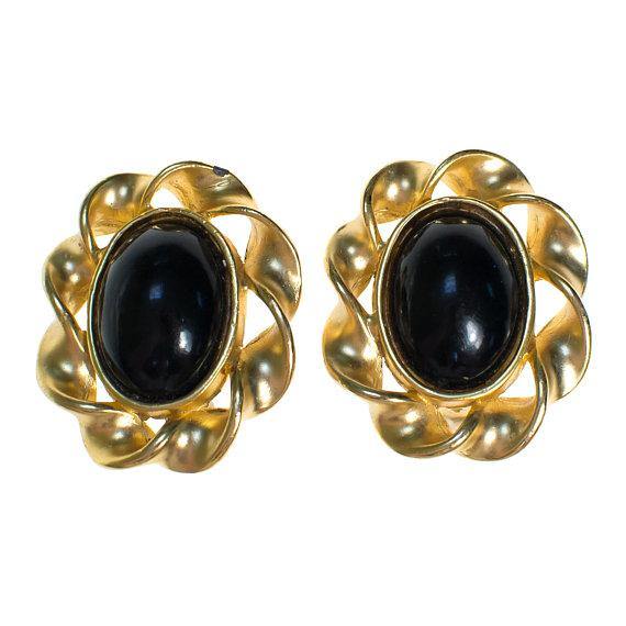 Vintage Karl Lagerfeld Black and Gold Statement Earrings by Karl Lagerfeld - Vintage Meet Modern Vintage Jewelry - Chicago, Illinois - #oldhollywoodglamour #vintagemeetmodern #designervintage #jewelrybox #antiquejewelry #vintagejewelry