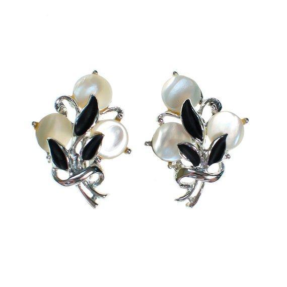 Vintage Silver Tone Flower Earrings, Mother of Pearl Discs, Black Painted Leaves, Screw Back