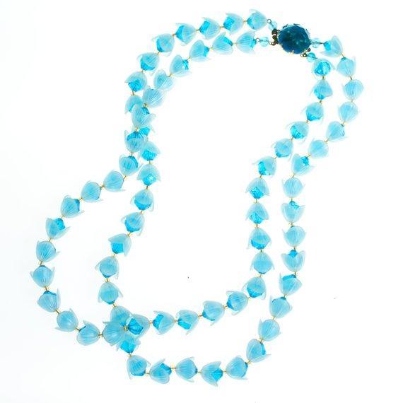 Vintage Gold Tone Blue Lucite Necklace, West Germany, Blue Lucite Flowers by 1960s - Vintage Meet Modern Vintage Jewelry - Chicago, Illinois - #oldhollywoodglamour #vintagemeetmodern #designervintage #jewelrybox #antiquejewelry #vintagejewelry