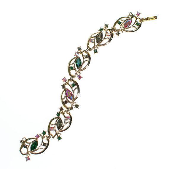 Vintage Coro Bracelet, Pastel Rainbow Rhinestones, Safety Chain, Gold Tone by 1950s - Vintage Meet Modern Vintage Jewelry - Chicago, Illinois - #oldhollywoodglamour #vintagemeetmodern #designervintage #jewelrybox #antiquejewelry #vintagejewelry