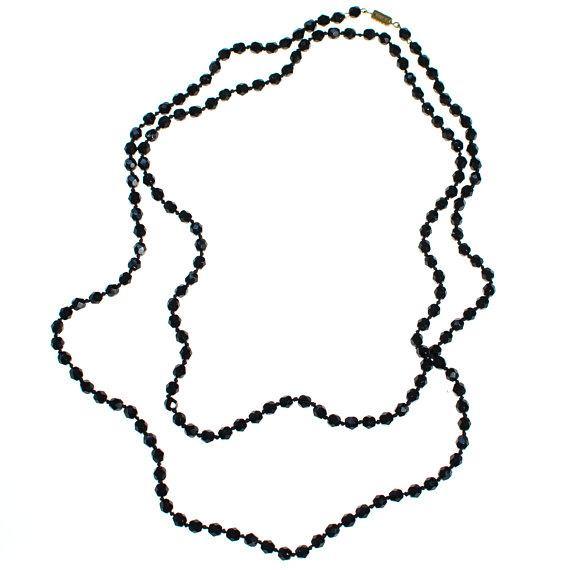 Vintage Art Deco Jet Black Long Flapper Faceted Bead Necklace by Art Deco - Vintage Meet Modern Vintage Jewelry - Chicago, Illinois - #oldhollywoodglamour #vintagemeetmodern #designervintage #jewelrybox #antiquejewelry #vintagejewelry