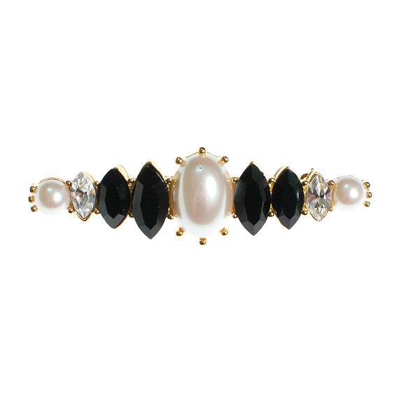 Vintage Pearl Crystal and Jet Bar Pin Brooch