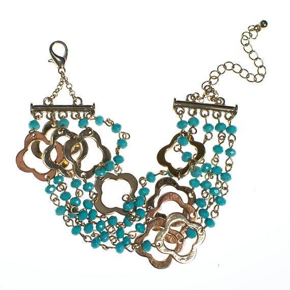 Vintage Turquoise and Quatrafoil Charm Multi Strand Bracelet