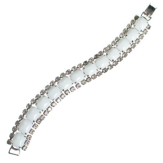 Vintage Milk Glass and Diamante Rhinestone Bracelet