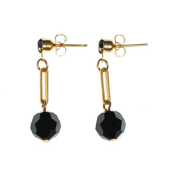 Vintage Jet Black Beaded Dangle Earrings, Post, Gold Tone by 1970s - Vintage Meet Modern Vintage Jewelry - Chicago, Illinois - #oldhollywoodglamour #vintagemeetmodern #designervintage #jewelrybox #antiquejewelry #vintagejewelry
