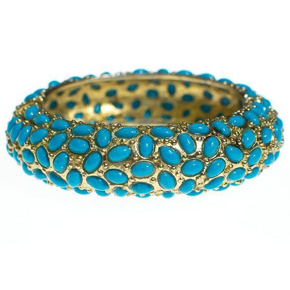 Vintage Turquoise Cabochon Bangle Bracelet, 1960s by 1960s - Vintage Meet Modern Vintage Jewelry - Chicago, Illinois - #oldhollywoodglamour #vintagemeetmodern #designervintage #jewelrybox #antiquejewelry #vintagejewelry