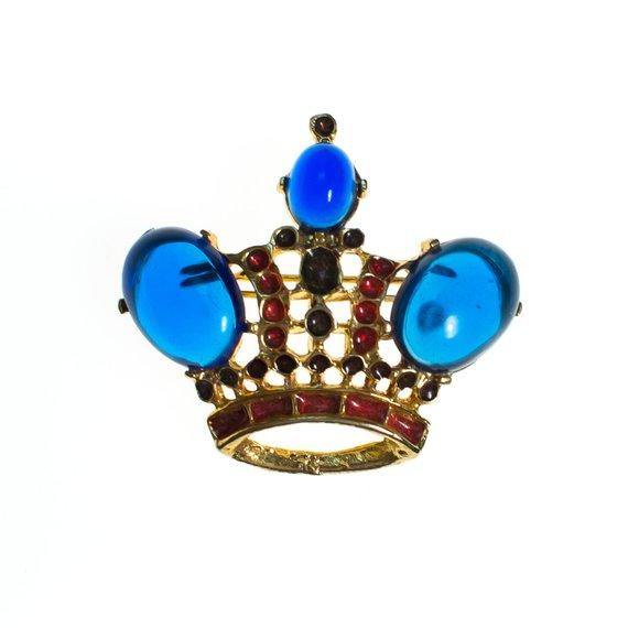 Vintage Royal Gold Crown Brooch with Sapphire Blue Cabochons and Red and Gray Enamel Accents