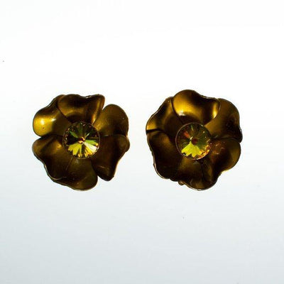 Vintage Gold Flower Earring with Yellow Heliotrope Iridescent Rhinestones by 1960s - Vintage Meet Modern Vintage Jewelry - Chicago, Illinois - #oldhollywoodglamour #vintagemeetmodern #designervintage #jewelrybox #antiquejewelry #vintagejewelry