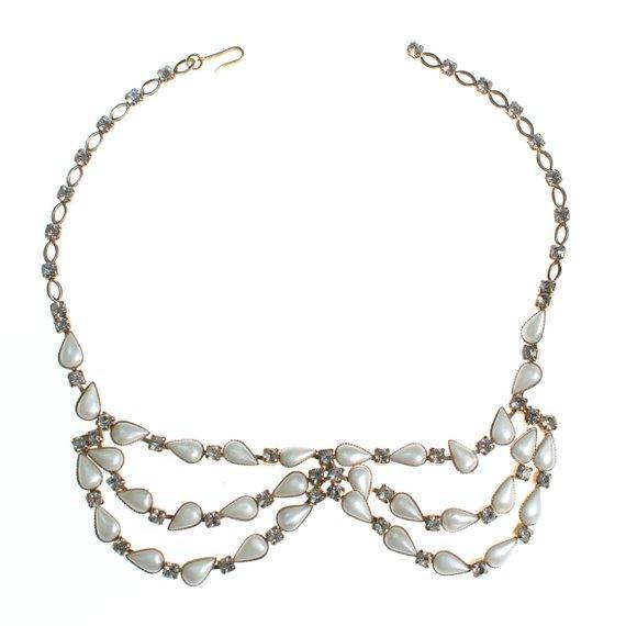Vintage 1950s Faux Pearl and Rhinestone Peter Pan Collar Necklace
