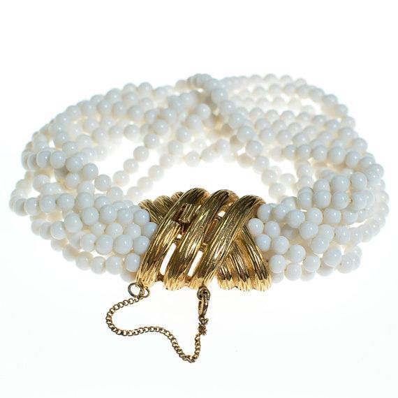 Vintage Ciner White Multi Strand Beaded Bracelet with Gold Clasp