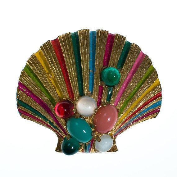 Vintage Castlecliff Coloful Seashell Brooch with Jeweled Rhinestone Cabochons
