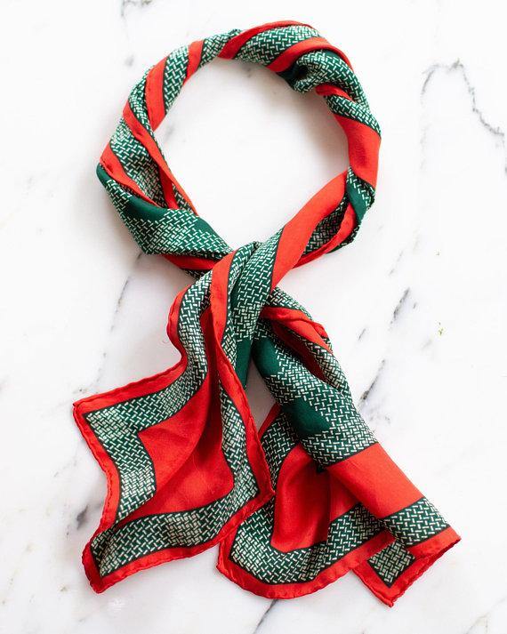 Anne Klein 100% Silk Scarf Red and Green Plaid Houndstooth