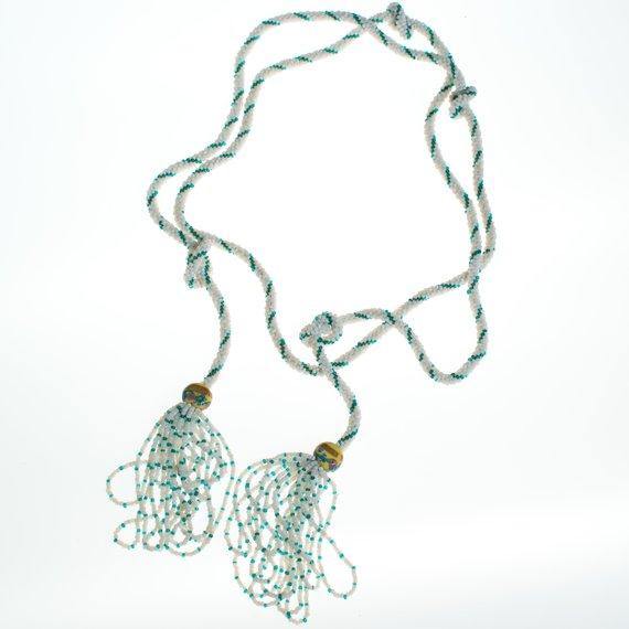 Vintage Green and White Glass Flapper Bead Lariat Necklace, Hand Painted Decorative Beads, Long Necklace, Venetian Wedding Cake Beads