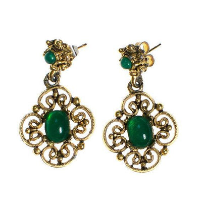Vintage Jade Glass and Gold Filigree Dangling Pierced Statement Earrings Victorian Revival by 1960s - Vintage Meet Modern Vintage Jewelry - Chicago, Illinois - #oldhollywoodglamour #vintagemeetmodern #designervintage #jewelrybox #antiquejewelry #vintagejewelry