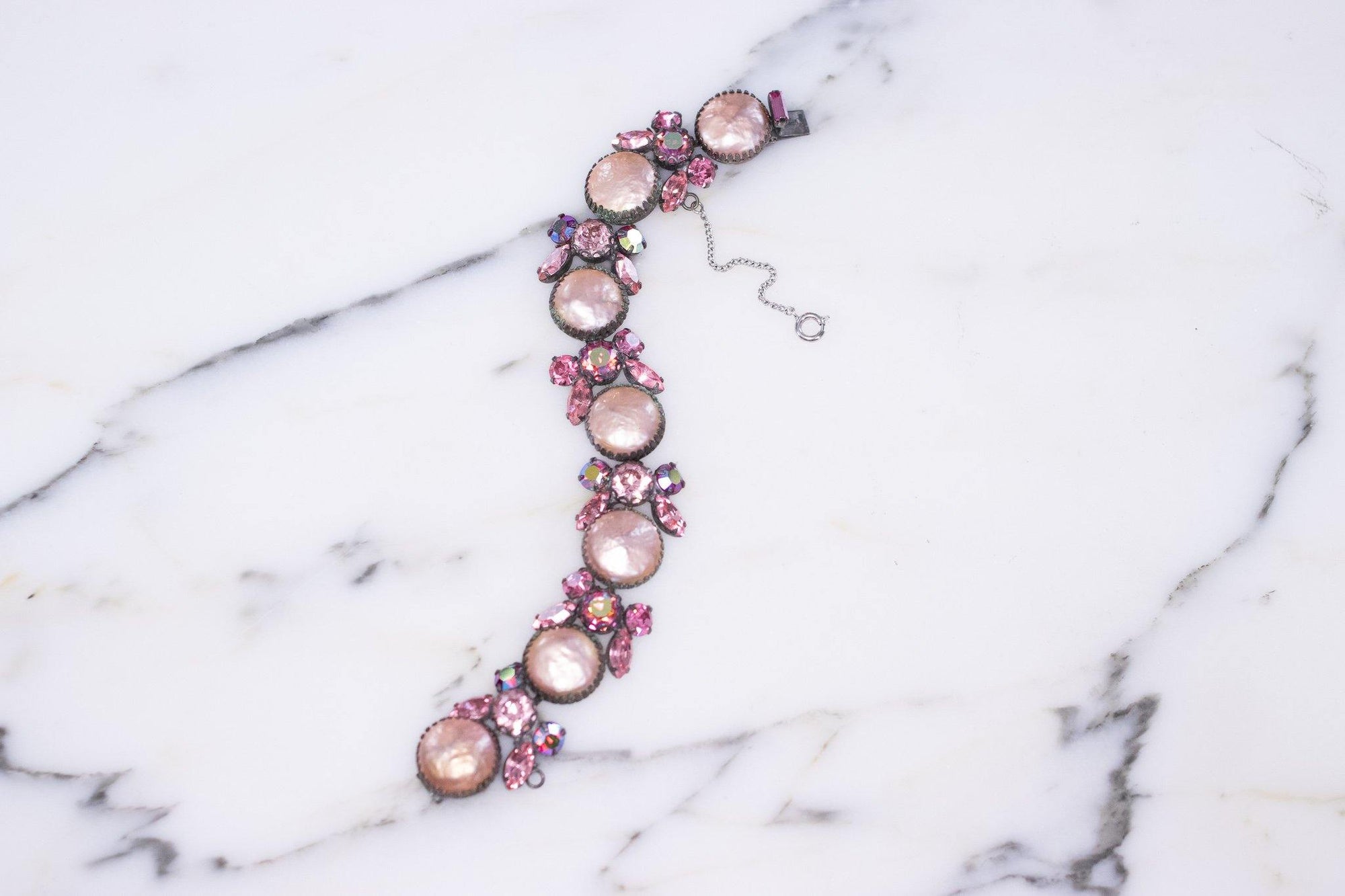 Vintage Pink Pearl and Pink Rhinestone Bracelet by Unsigned - Vintage Meet Modern Vintage Jewelry - Chicago, Illinois - #oldhollywoodglamour #vintagemeetmodern #designervintage #jewelrybox #antiquejewelry #vintagejewelry
