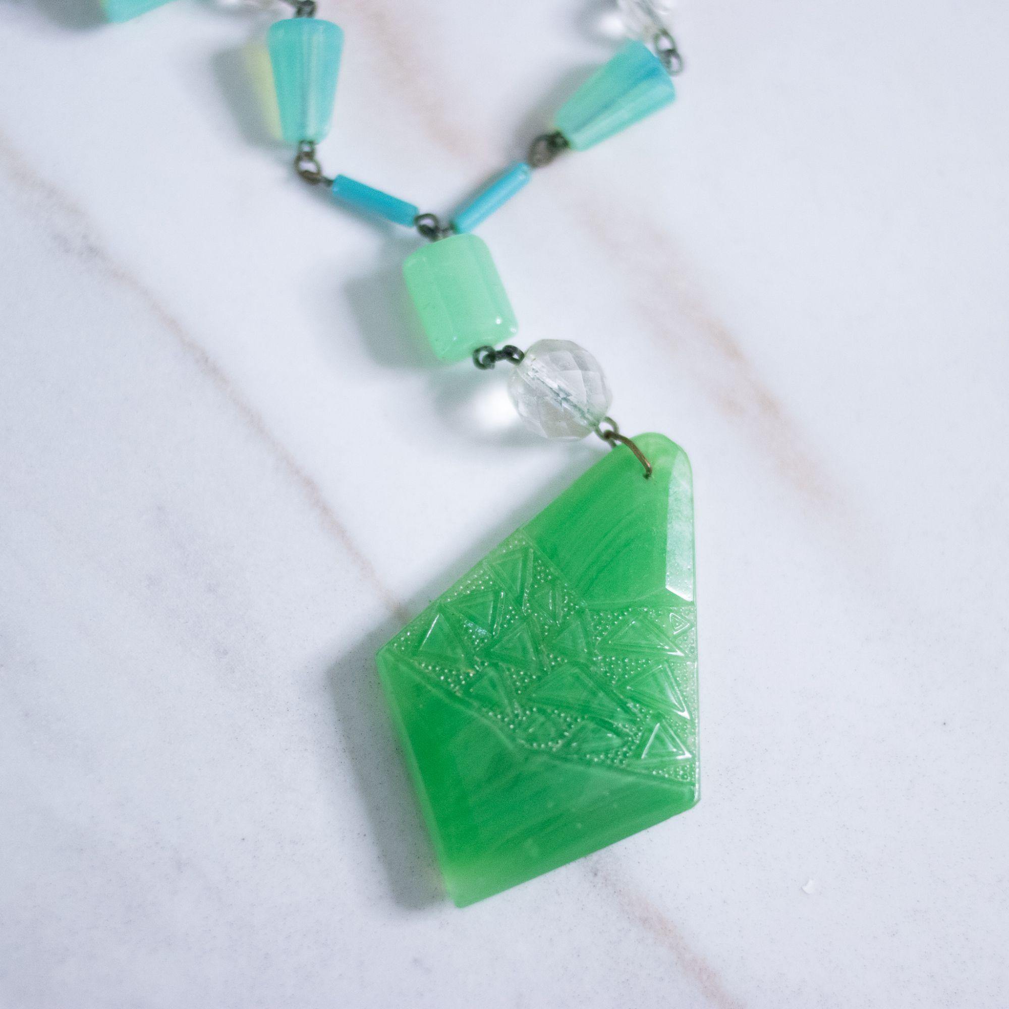 Vintage Art Deco Czech Vaseline Glass and Jade Glass Necklace by Czech - Vintage Meet Modern Vintage Jewelry - Chicago, Illinois - #oldhollywoodglamour #vintagemeetmodern #designervintage #jewelrybox #antiquejewelry #vintagejewelry