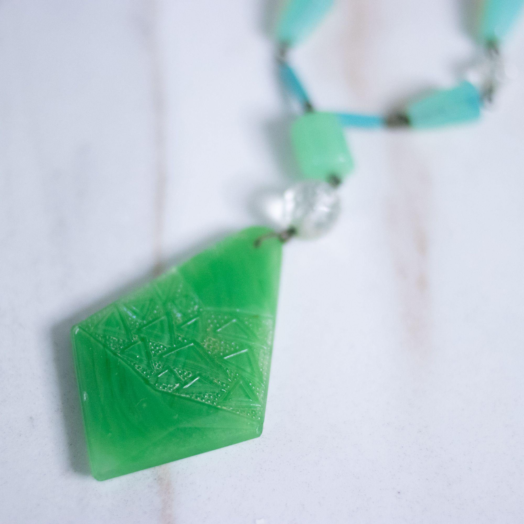 Vintage Art Deco Czech Vaseline Glass and Jade Glass Necklace by Czech - Vintage Meet Modern Vintage Jewelry - Chicago, Illinois - #oldhollywoodglamour #vintagemeetmodern #designervintage #jewelrybox #antiquejewelry #vintagejewelry