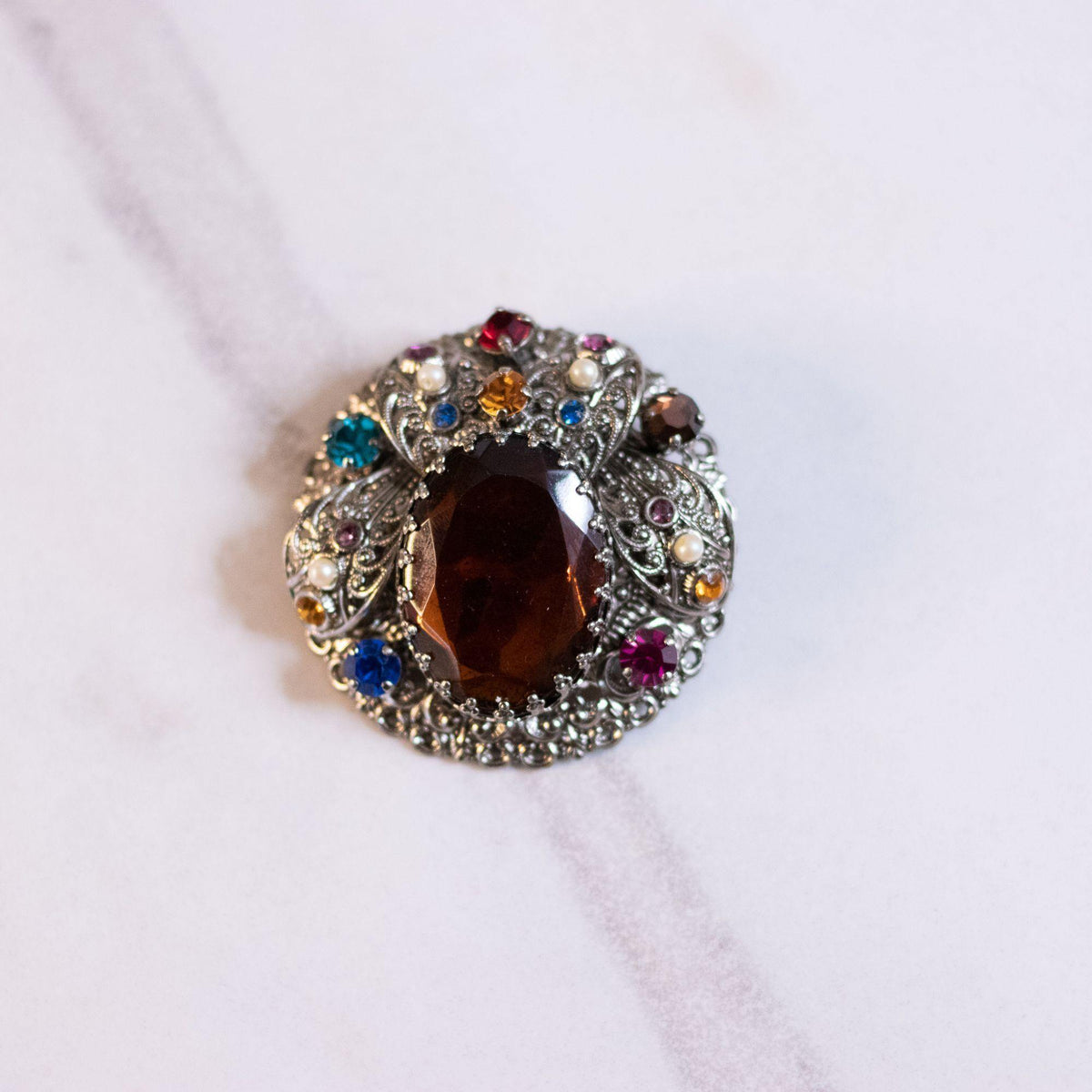 Vintage West Germany Silver Filigree Brooch with Smokey Crystal and Colorful Rhinestones