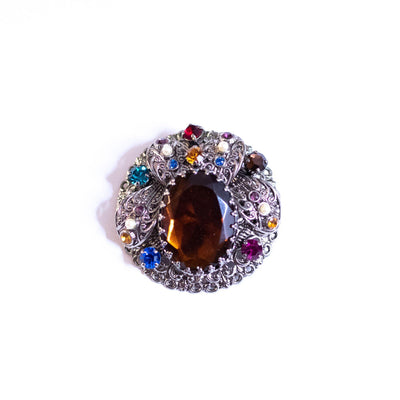 Vintage West Germany Silver Filigree Brooch with Smokey Crystal and Colorful Rhinestones by West Germany - Vintage Meet Modern Vintage Jewelry - Chicago, Illinois - #oldhollywoodglamour #vintagemeetmodern #designervintage #jewelrybox #antiquejewelry #vintagejewelry