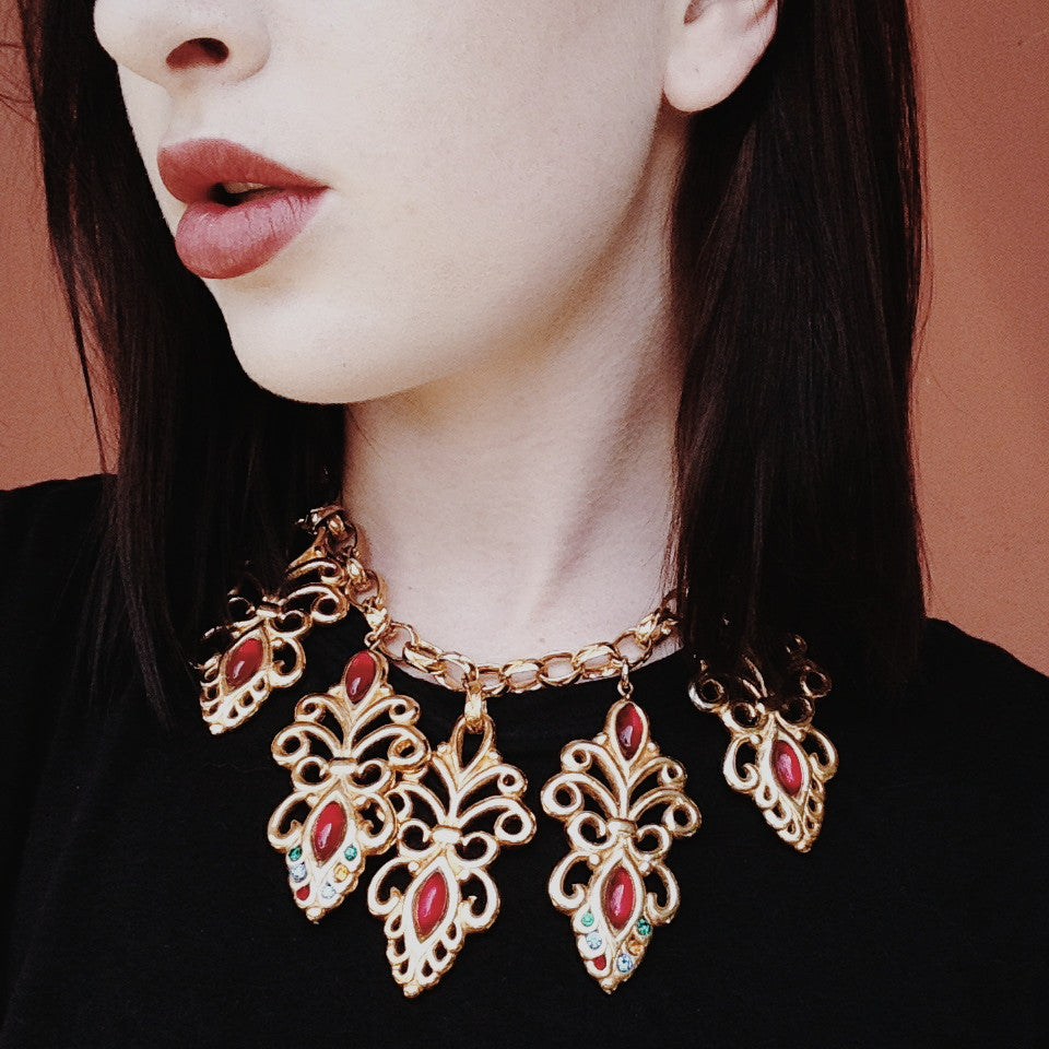 Escada Gold and Jewel Toned Charm Statement Necklace by Escada - Vintage Meet Modern Vintage Jewelry - Chicago, Illinois - #oldhollywoodglamour #vintagemeetmodern #designervintage #jewelrybox #antiquejewelry #vintagejewelry