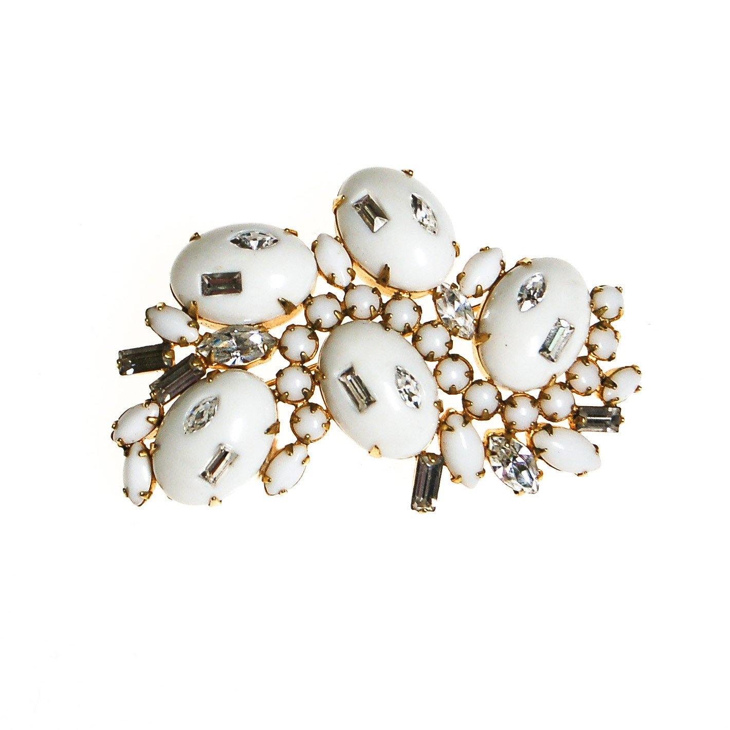 Milk Glass Cabochon and Rhinestone Brooch by Unsigned Beauty - Vintage Meet Modern Vintage Jewelry - Chicago, Illinois - #oldhollywoodglamour #vintagemeetmodern #designervintage #jewelrybox #antiquejewelry #vintagejewelry