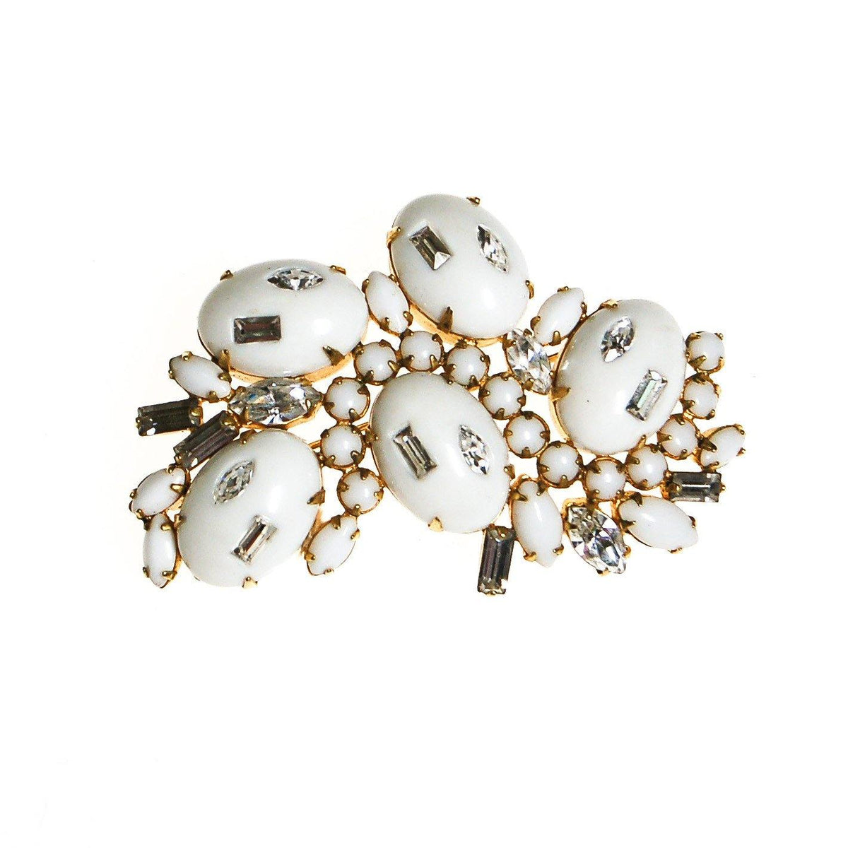 Milk Glass Cabochon and Rhinestone Brooch