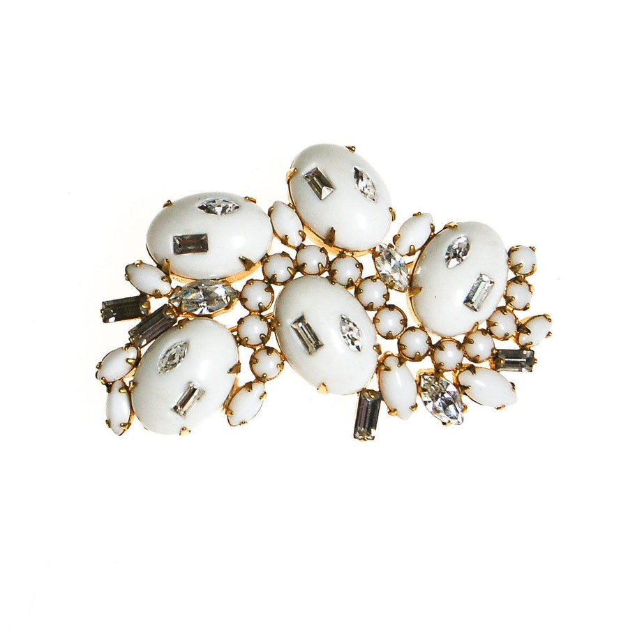 Milk Glass Cabochon and Rhinestone Brooch by Unsigned Beauty - Vintage Meet Modern Vintage Jewelry - Chicago, Illinois - #oldhollywoodglamour #vintagemeetmodern #designervintage #jewelrybox #antiquejewelry #vintagejewelry