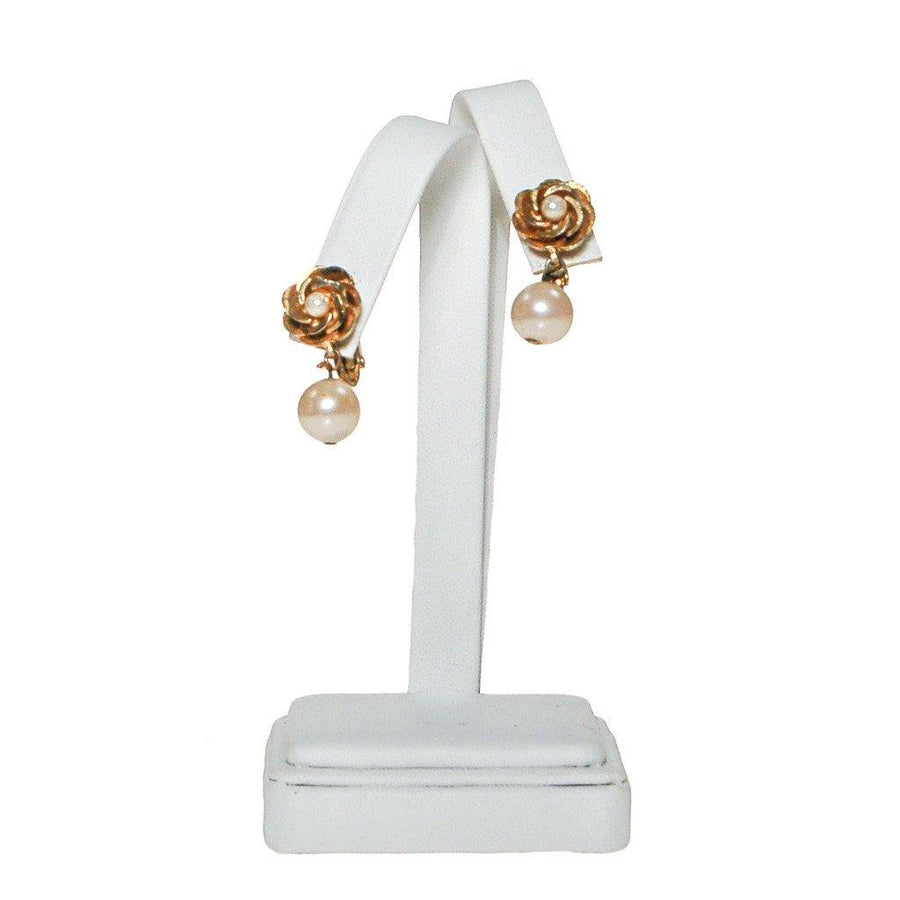 Vendome Gold Rose with Pearl Drop Earrings by Vendome - Vintage Meet Modern Vintage Jewelry - Chicago, Illinois - #oldhollywoodglamour #vintagemeetmodern #designervintage #jewelrybox #antiquejewelry #vintagejewelry