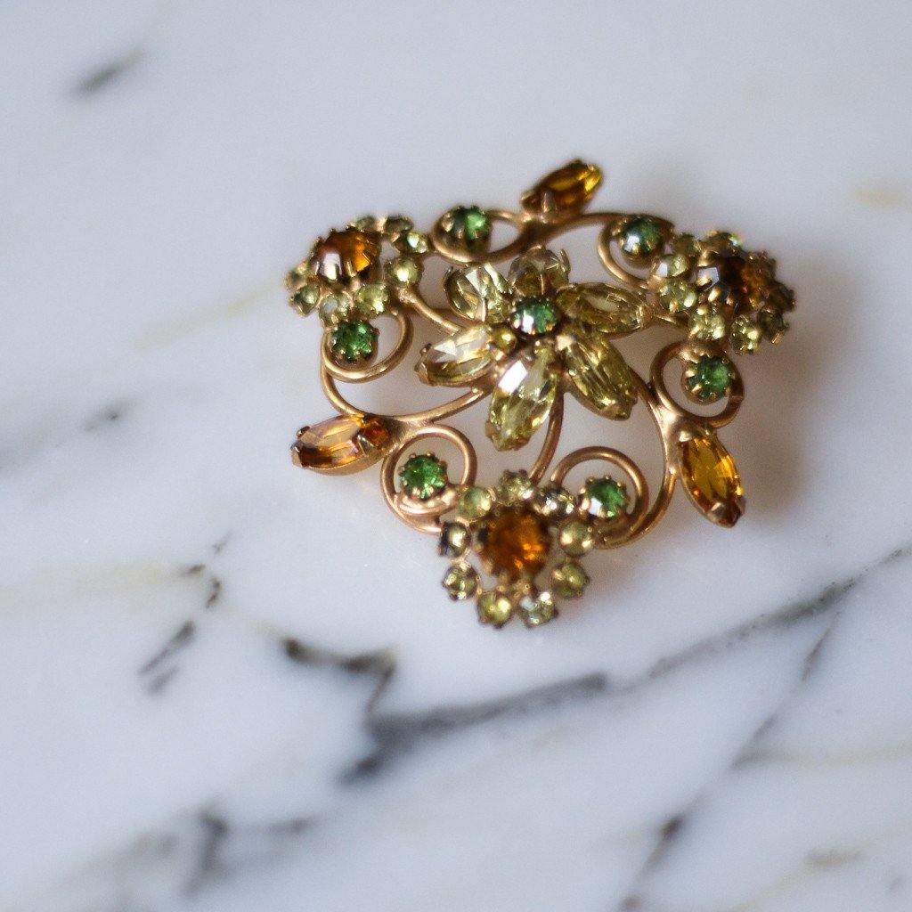 Green and Golden Yellow Rhinestone Brooch