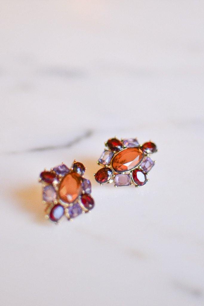 Monet Amethyst, Garnet, and Smokey Topaz Crystal Earrings by Monet - Vintage Meet Modern Vintage Jewelry - Chicago, Illinois - #oldhollywoodglamour #vintagemeetmodern #designervintage #jewelrybox #antiquejewelry #vintagejewelry
